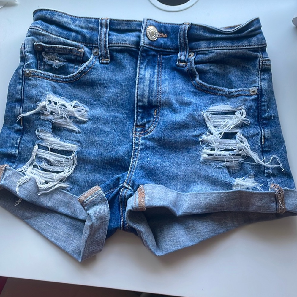 American Eagle jean shorts, dark wash, rips